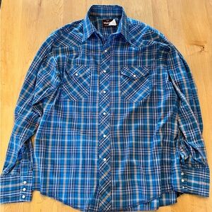 Vintage 70s Wrangler Blue Plaid Western Pearl Snap Shirt - Large 16 16.5